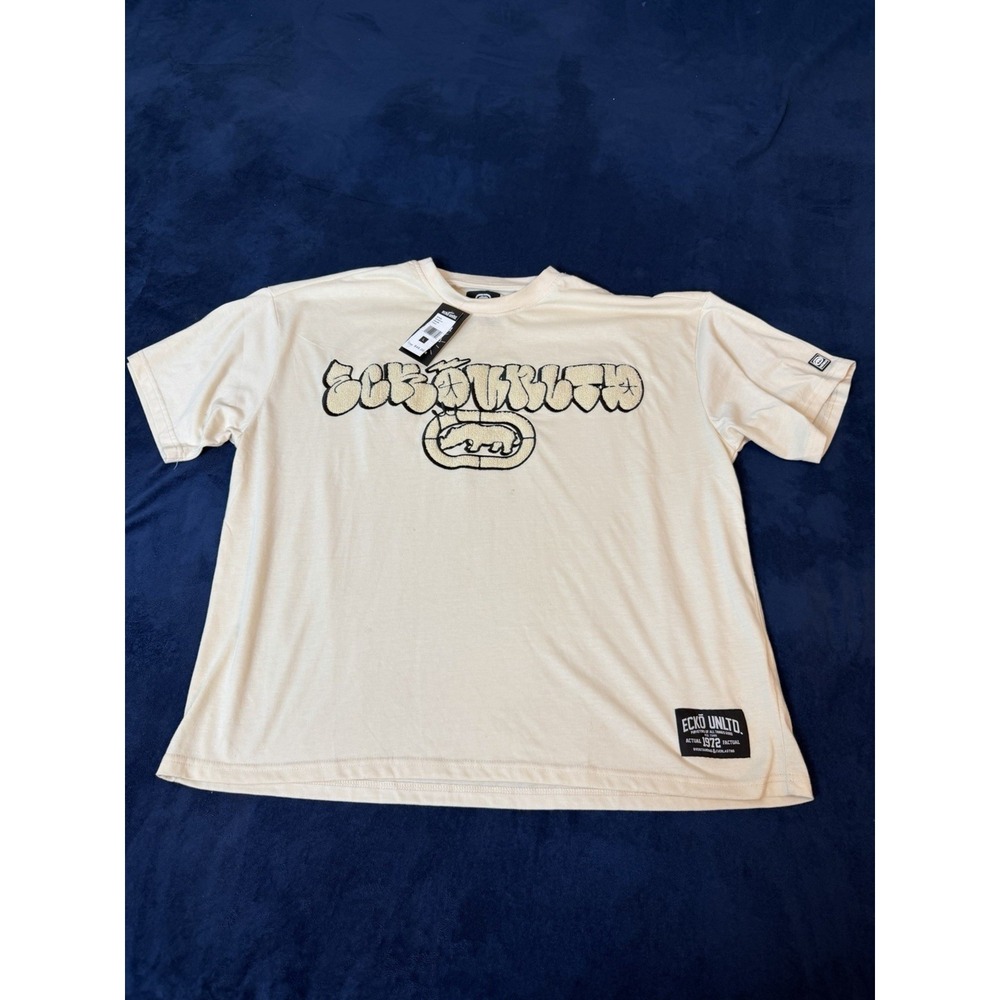 Ecko Unltd Y2K T Shirt Mens Large Beige Chenille Logo Deadstock NWT